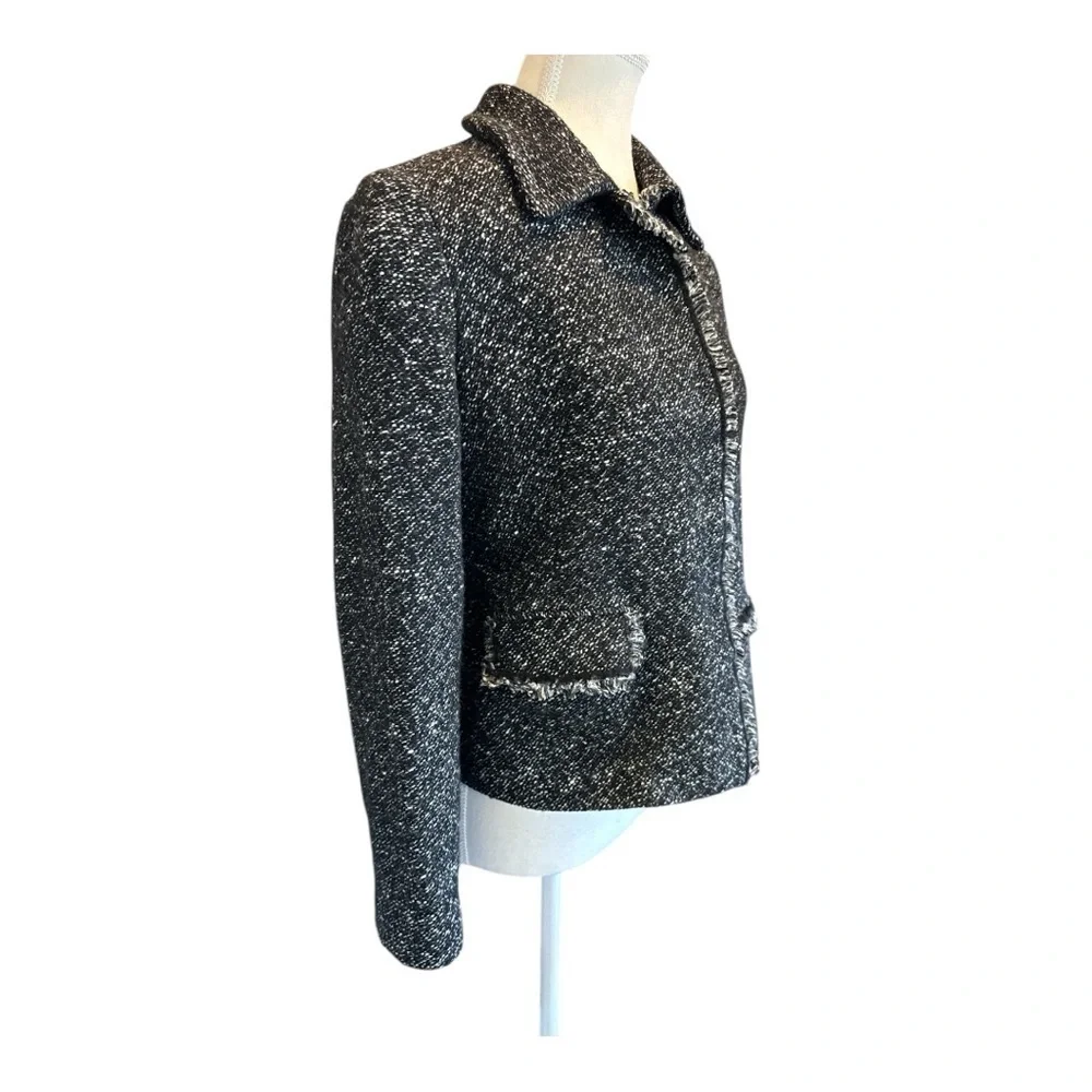 Lafayette 148 Black White Fringe Trim Textured Blazer Jacket Size 4 Wool Blend